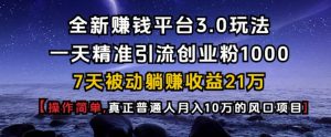 全新赚钱平台3.0玩法一天精准引流创业粉1000.7天被动躺Z收益21W【仅揭秘】-吾爱网创