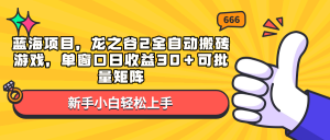 蓝海项目，龙之谷2全自动搬砖游戏，单窗口日收益30＋可批量矩阵-吾爱网创
