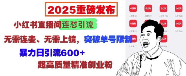 2025重磅发布:小红书直播间连怼引流,无需连麦、无需上镜,突破单号限制,暴力日引流600+-吾爱网创