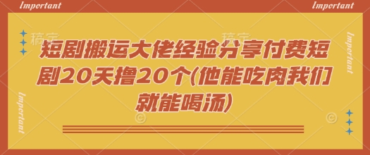 短剧搬运大佬经验分享付费短剧20天撸20个(他能吃肉我们就能喝汤)-吾爱网创
