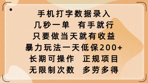 手机打字数据录入,几秒一单,有手就行,只要做当天就有收益,暴力玩法一天低保2张-吾爱网创