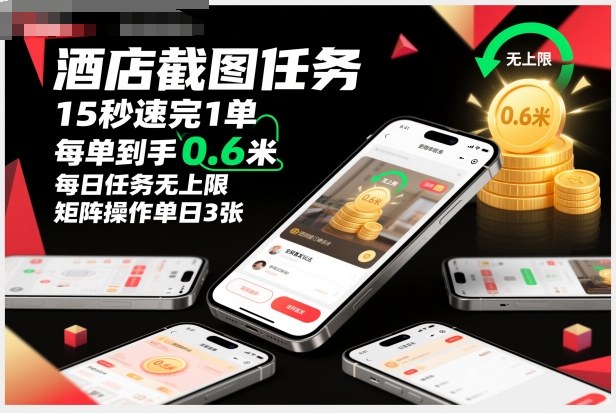 酒店截图任务,15秒速完1单,每单到手0.6米,每日任务无上限,全网首发玩法,矩阵操作单日3张【揭秘】-吾爱网创