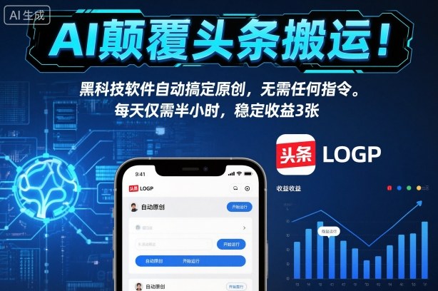 AI颠覆头条搬运！黑科技软件自动搞定原创，无需任何指令。每天仅需半小时，稳定收益3张【揭秘】-吾爱网创
