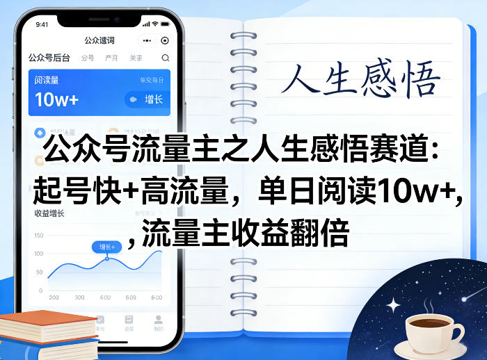 公众号流量主之人生感悟赛道，起号快+高流量，单日阅读10w+，流量主收益翻倍-吾爱网创