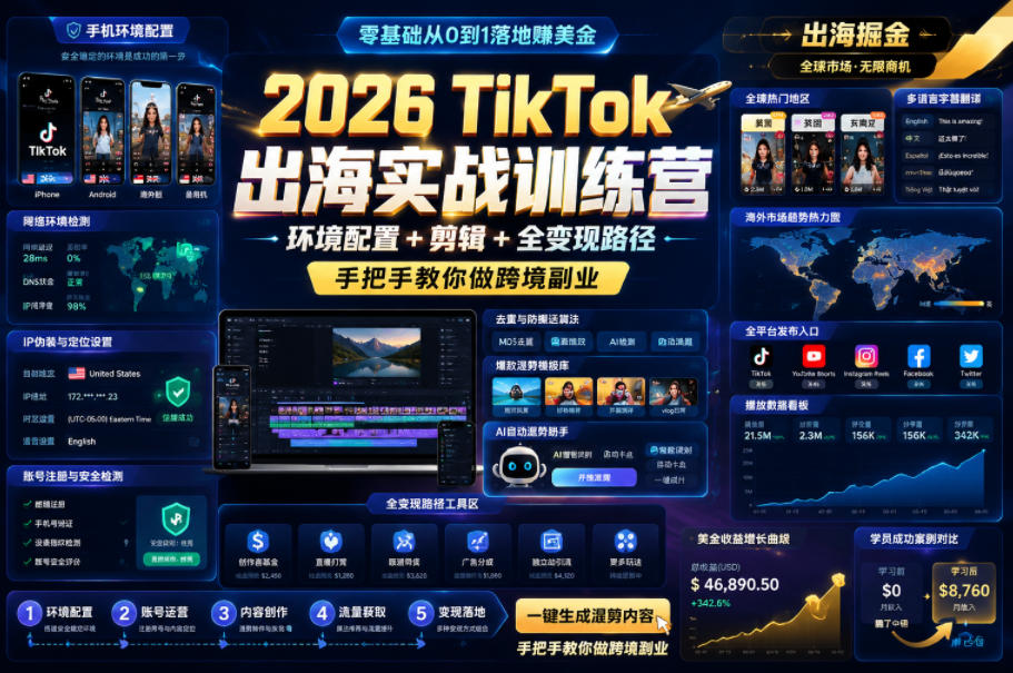 2026 TikTok出海实战训练营，环境配置 + 剪辑 + 全变现路径，手把手教你做跨境副业-吾爱网创