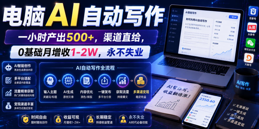 电脑AI自动写作,一小时产出500+,渠道直给,0基础月增收1-2W,永不失业【揭秘】-吾爱网创