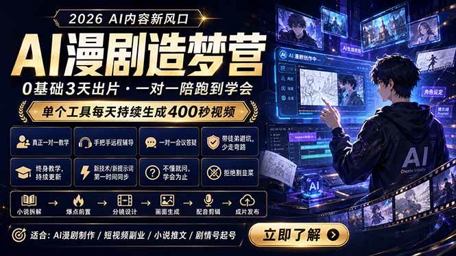 (18568期)AI漫剧造梦营:0基础3天出片,单个工具每天持续生成400秒视频-吾爱网创