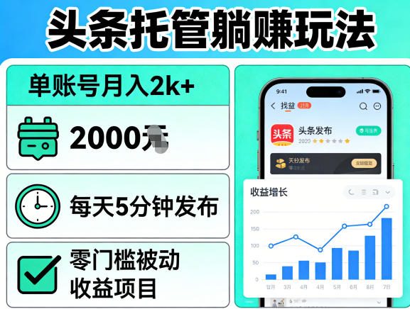 头条托管躺賺玩法，单账号月入2k+，每天5分钟发布即可，零门槛被动收益项目【揭秘】-吾爱网创