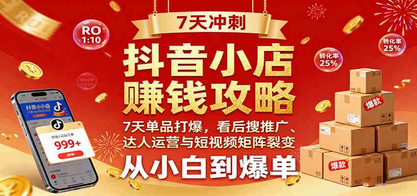 抖音小店赚钱攻略：7天单品打爆技巧，看后搜推广、达人运营与短视频矩阵裂变实战-吾爱网创