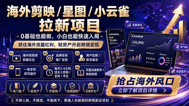(18567期)海外剪映 / 星图 / 小云雀拉新项目 普通人也能上手的跨境流量变现副业-吾爱网创
