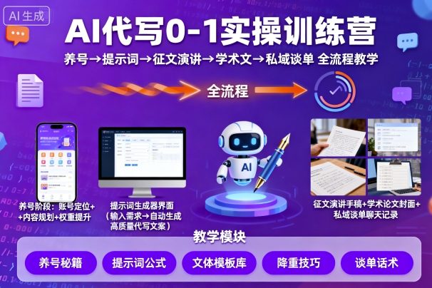 AI代写0-1实操训练营，从养号、提示词、征文演讲、学术文，到私域谈单的全流程教学-吾爱网创