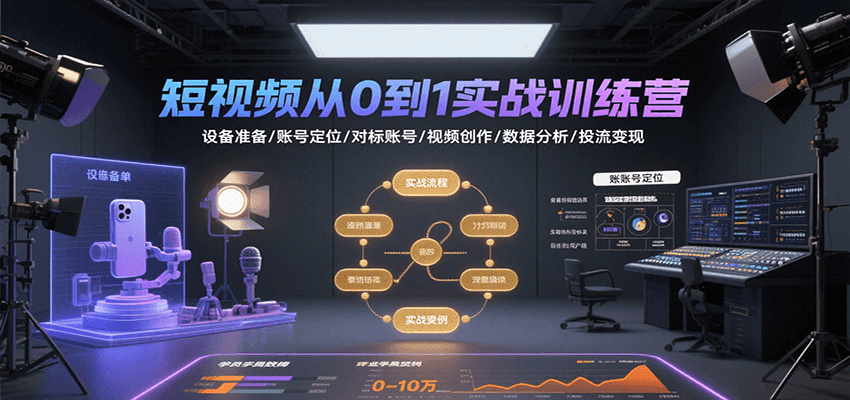 短视频从0到1实战训练营：设备准备/账号定位/对标账号/视频创作/数据分析/投流变现-吾爱网创