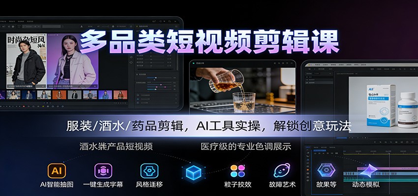 多品类短视频剪辑课：服装/酒水/药品剪辑，AI工具实操，解锁创意玩法-吾爱网创