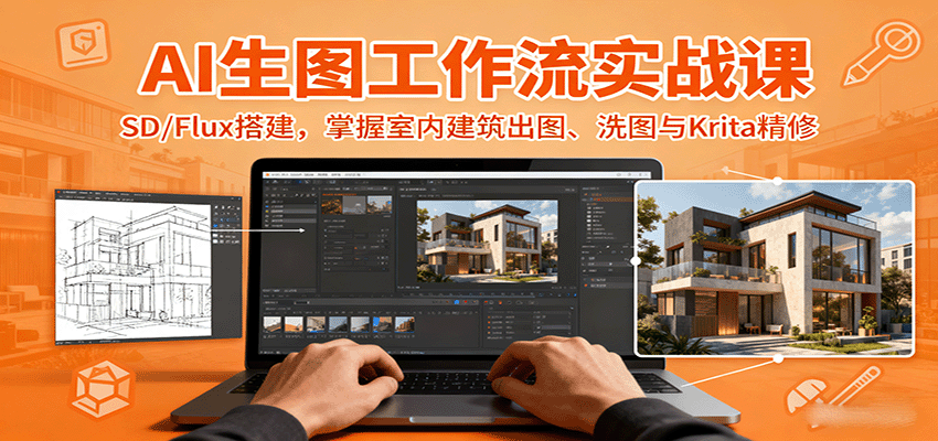 AI生图工作流实战课：SD/Flux搭建，掌握室内建筑出图、洗图与Krita精修-吾爱网创