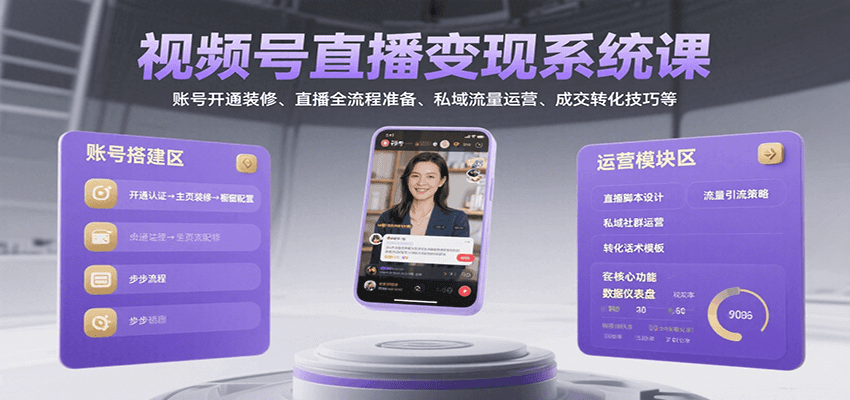 视频号直播变现系统课，账号开通装修、直播全流程准备、私域流量运营、成交转化技巧等-吾爱网创