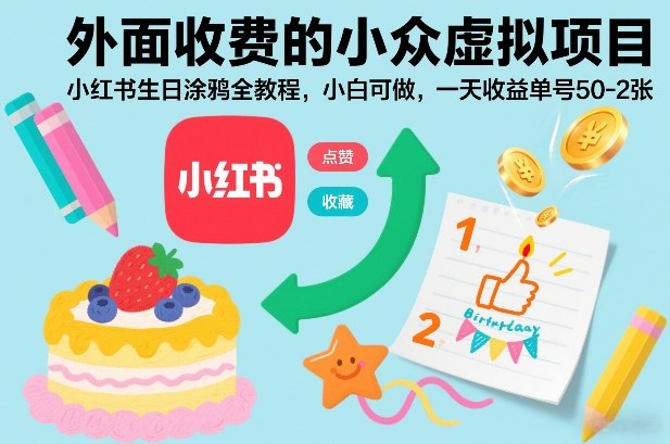 外面收费的小众虚拟项目，小红书生日涂鸦全教程，小白可做，一天收益单号50-2张-吾爱网创