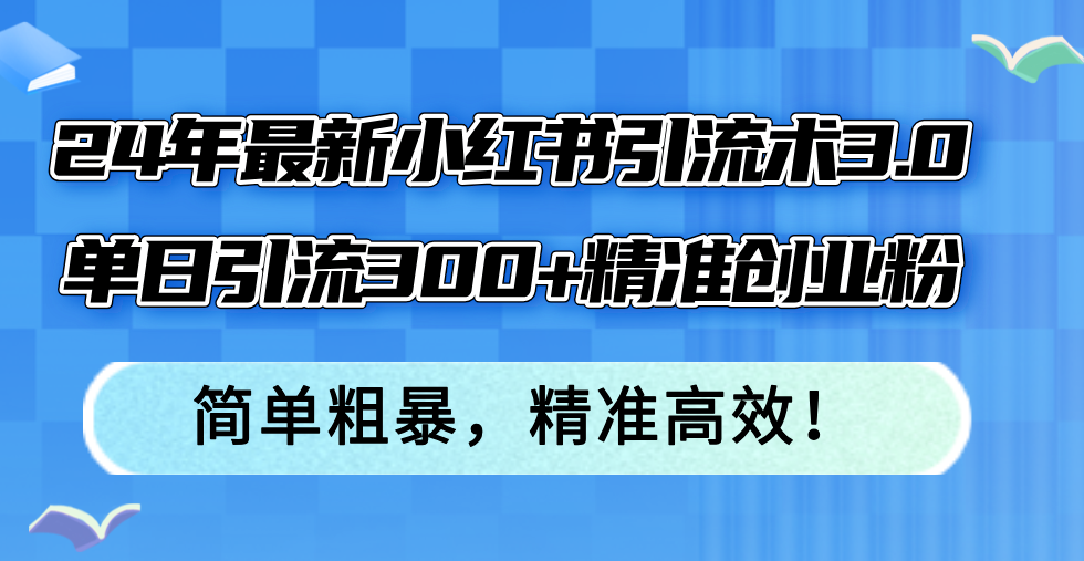 24年最新小红书引流术3.0，单日引流300+精准创业粉，简单粗暴，精准高效！-吾爱网创