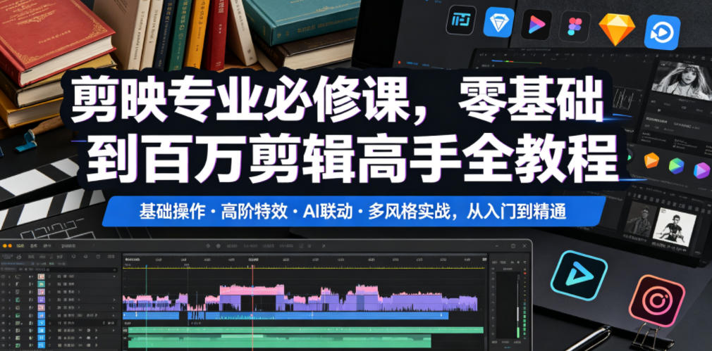 剪映专业必修课,零基础到百万剪辑高手全教程,基础操作・高阶特效・AI联动・多风格实战,从入门到精通-吾爱网创