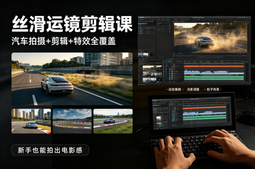 大叔丝滑运镜剪辑课，汽车拍摄+剪辑+特效全覆盖，新手也能拍出电影感-吾爱网创