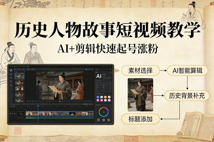 历史人物故事短视频教学，AI+剪辑制作历史人物题材短视频，快速起号涨粉-吾爱网创