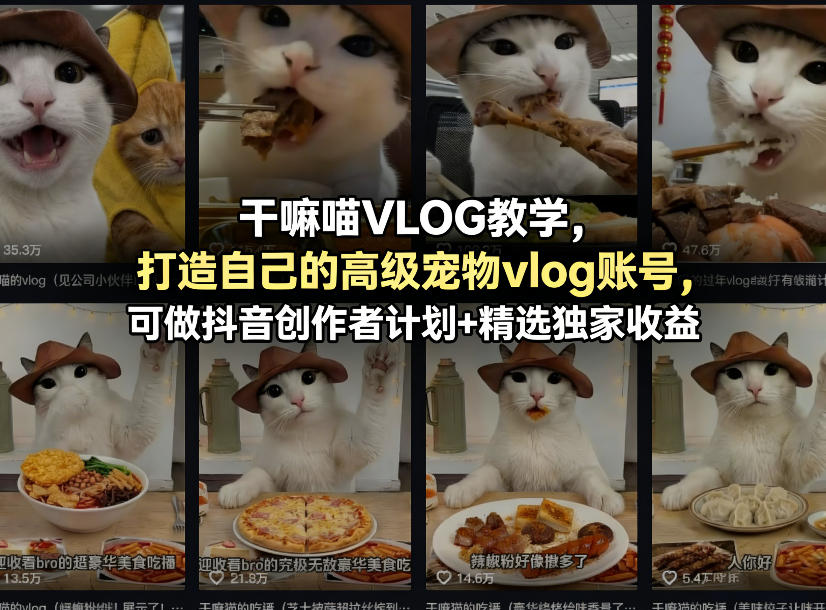 干嘛喵VLOG教学，打造自己的高级宠物vlog账号，可做抖音创作者计划+精选独家收益-吾爱网创