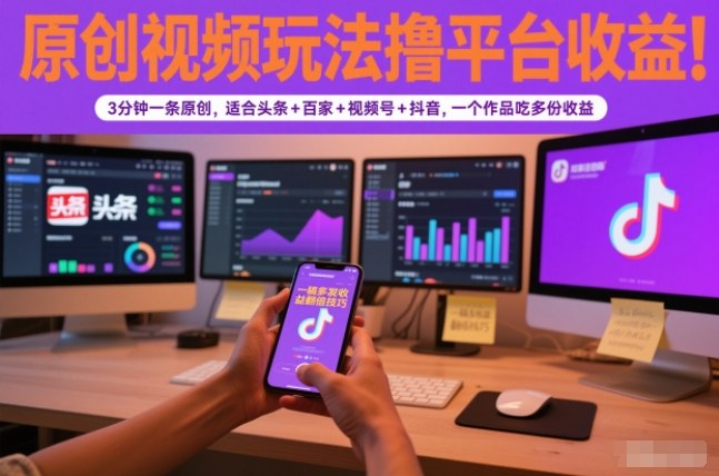 原创视频玩法撸平台收益,3分钟一条原创,适合头条+百家+视频号+抖音,一个作品吃多份收益-吾爱网创