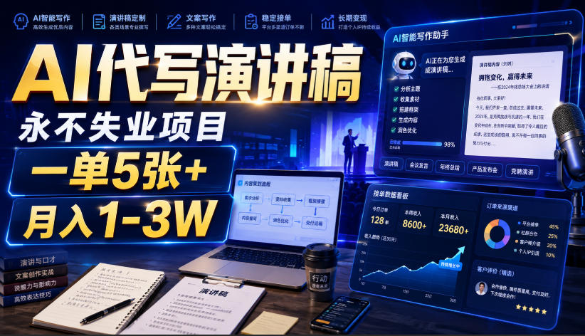 AI代写演讲稿，永不失业项目，一单5张+，月入1-3W【揭秘】-吾爱网创
