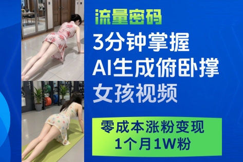 3分钟掌握AI生成俯卧撑女孩视频，零成本涨粉变现，1个月1W粉-吾爱网创