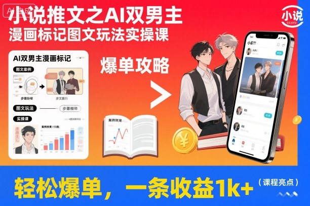 小说推文之AI双男主漫画标记图文玩法实操课，轻松爆单，一条收益1k+-吾爱网创