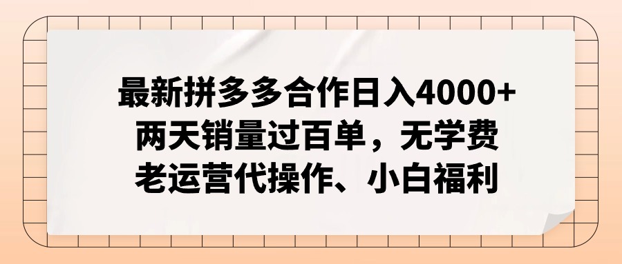 拼多多最新合作日入4000+两天销量过百单，无学费、老运营代操作、小白福利-吾爱网创