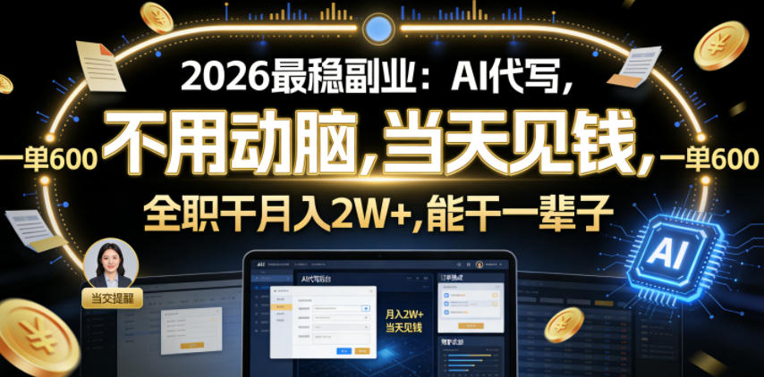 2026最稳副业：AI代写，不用动脑，当天见钱，一单600，全职干月入2W+，能干一辈子【揭秘】-吾爱网创