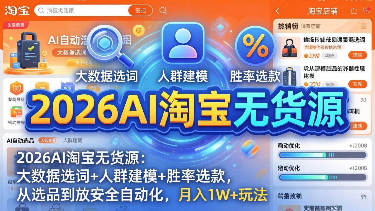 （18046期）2026AI淘宝无货源-4月更新：大数据选词+人群建模+胜率选款，从选品到放大全自动化，月入1W+玩法-吾爱网创