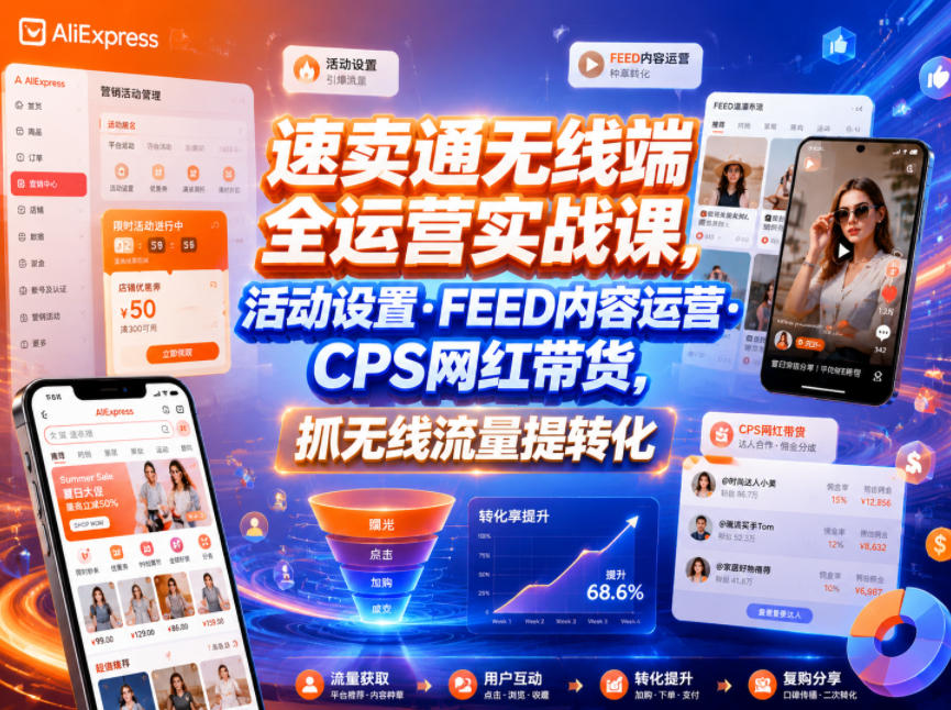 速卖通无线端全运营实战课，活动设置・FEED内容运营・CPS网红带货，抓无线流量提转化-吾爱网创