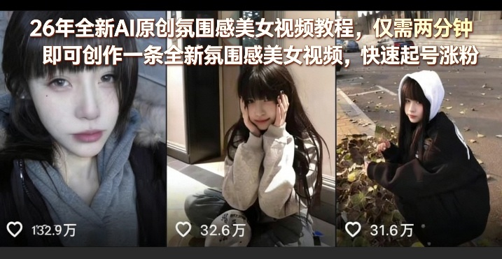 26年全新AI原创氛围感美女视频教程，仅需两分钟即可创作一条全新氛围感美女视频，快速起号涨粉-吾爱网创