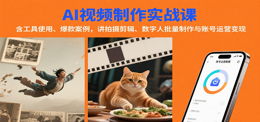 AI视频制作实战：含工具使用、爆款案例，讲拍摄剪辑、数字人批量制作与账号运营变现-吾爱网创