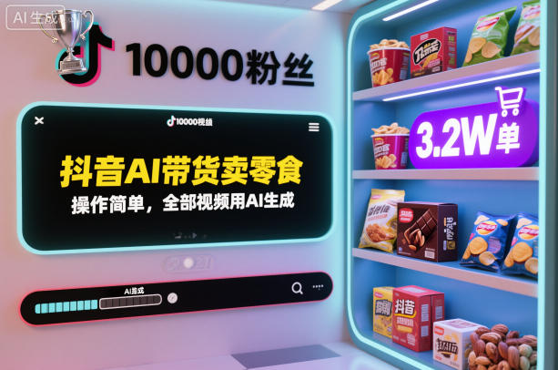 抖音AI带货卖零食，操作简单，全部视频用AI生成，一万粉丝，卖了3.2W单-吾爱网创