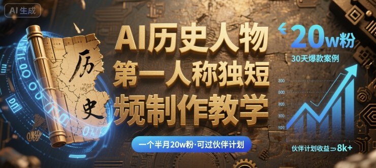 最新AI历史人物第一人称独白短视频制作教学，一个半月20w粉，可过伙伴计划-吾爱网创