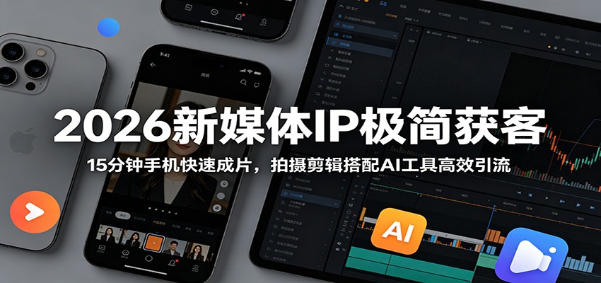2026新媒体IP极简获客：15分钟手机快速成片，拍摄剪辑搭配AI工具高效引流-吾爱网创