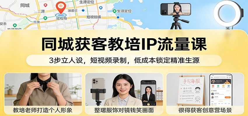 同城获客教培IP流量课：3步立人设，短视频录制，低成本锁定精准生源-吾爱网创