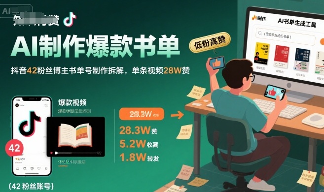 AI制作爆款书单，抖音42粉丝博主书单号制作拆解，单条视频28W赞-吾爱网创