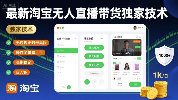 最新淘宝无人直播带货独家技术，无违规无封号风险，操作简单易上手，长期稳定日入1k【揭秘】-吾爱网创