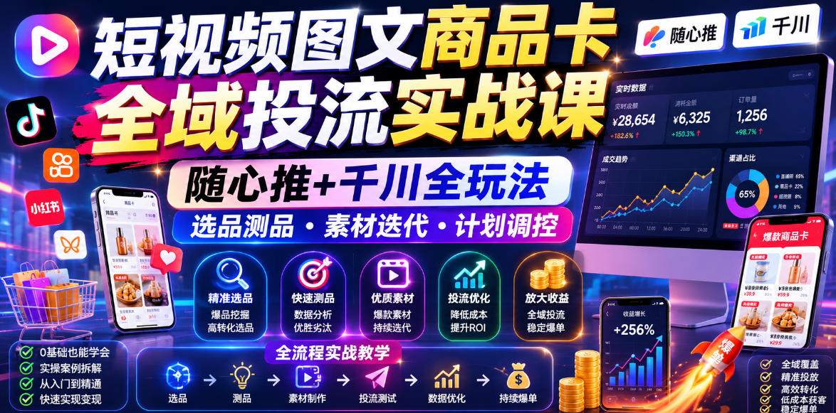 短视频图文商品卡全域投流实战课，随心推+千川全玩法，选品测品・素材迭代・计划调控，提升ROI爆单增收教程-吾爱网创