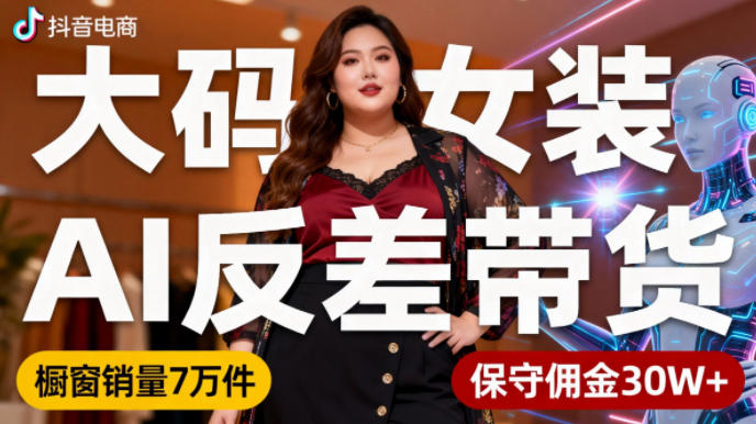 抖音小众赛道，大码女装AI反差带货，不用直播，每天6条作品，橱窗卖7万件，保守佣金30W+-吾爱网创