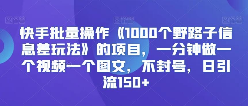 快手批量操作《1000个野路子信息差玩法》的项目，一分钟做一个视频一个图文，不封号，日引流150+【揭秘】-吾爱网创