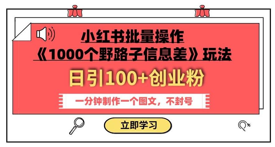 小红书批量操作《1000个野路子信息差》玩法，一分钟制作一个图文，不封号，日引100+创业粉-吾爱网创