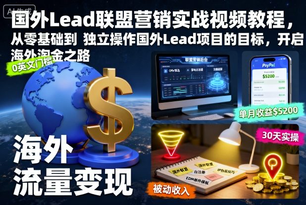 国外Lead联盟营销实战视频教程，从零基础到独立操作国外Lead项目的目标，开启海外淘金之路-吾爱网创