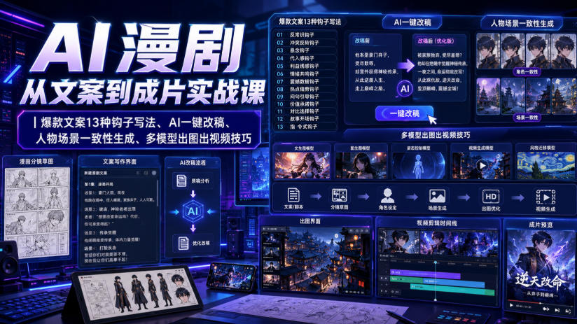 AI漫剧从文案到成片实战课｜爆款文案13种钩子写法、AI一键改稿、人物场景一致性生成、多模型出图出视频技巧-吾爱网创