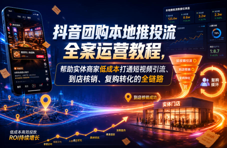 抖音团购本地推投流全案运营教程，帮助实体商家低成本打通短视频引流、到店核销、复购转化的全链路-吾爱网创