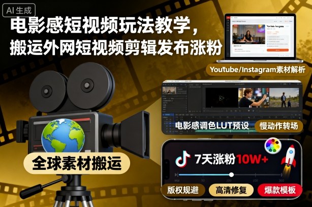 电影感短视频玩法教学，搬运外网短视频剪辑发布涨粉-吾爱网创