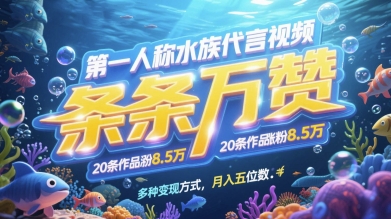 第一人称水族代言视频，条条万赞，20条作品涨粉7.8W，多种变现方式月入五位数-吾爱网创